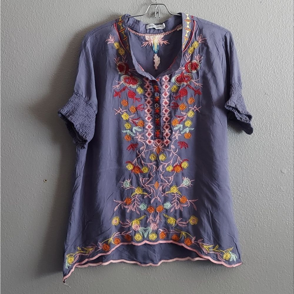 Misslook Short Sleeve Multicolor Embroidered Floral Women Top XXL